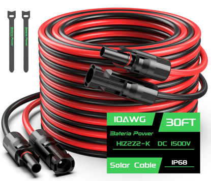 Picture of Bateria Power 30FT 10AWG Solar Panel Extension Cable, 6mm² Solar Extension Cable Wire with Female & Male Waterproof Connectors for RV, Photovoltaic Systems, Set of 2