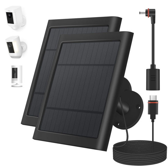 Picture of Solar Panel for Ring Camera, 2 Pack 4W Solar Charger Compatible with Ring Spotlight &Stick Up Outdoor Cam Battery, 10FT/3M Long Cable with USB-C to Ring Barrel Plug Adapter, Black