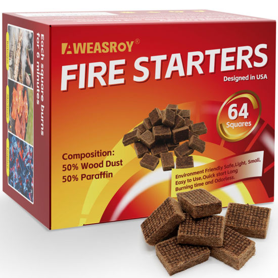 Picture of Fire Starter Squares 64 - Fire Starters for Fireplace,Chimney,BBQ Grill,Camping Fire,Wood Stove - Water Resistant and Safe Odourless - Camping Accessories
