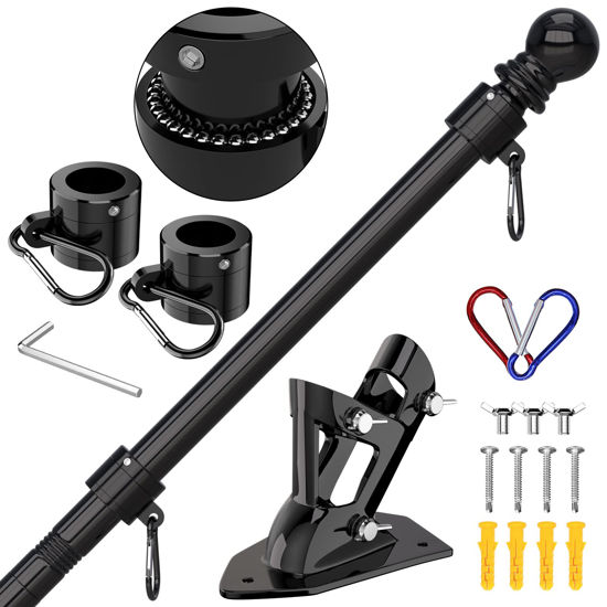 Picture of ZMTECH Flag Pole - Upgraded Bracket, 6 FT Stainless Steel Flag Poles for Outside House, Residential or Commerical, Tangle Free Flag Pole Kit for American Flag (Without Flag, Black)