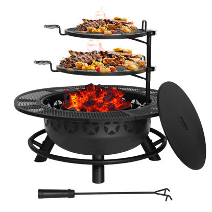 Picture of Hykolity 35 Inch Fire Pit with 2 Cooking Grate & Charcoal Pan, Outdoor Wood Burning BBQ Grill Firepit Bowl with Cover Lid, Steel Round Table for Backyard Bonfire Patio Picnic