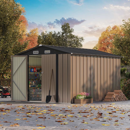 Picture of Patiowell 8x10 FT Outdoor Storage Shed, Large Garden Tool Metal Shed with Sloping Roof and Double Lockable Door, Outdoor Shed for Backyard Garden Patio Lawn, Brown