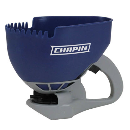 Picture of Chapin 8705A 1.6-Liter (0.3-Gallon) Ice Melt and Salt Hand Crank Spreader, Poly Toothed Edge Scoop with Thumb Control Gate and Impeller, Ideal for Small Spaces, Blue