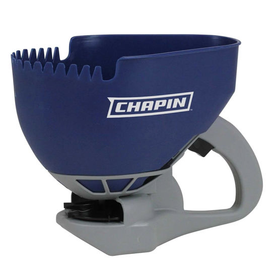 Picture of Chapin 8705A 1.6-Liter (0.3-Gallon) Ice Melt and Salt Hand Crank Spreader, Poly Toothed Edge Scoop with Thumb Control Gate and Impeller, Ideal for Small Spaces, Blue