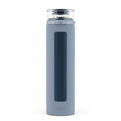 Picture of Ello Syndicate 20oz Reusable Glass Water Bottle with One-Touch Leak Proof Flip Lid, Protective Non-Slip Silicone Sleeve, Carry Loop for Coffee, Tea and Water, BPA-free, Dishwasher Safe, Tech Blue