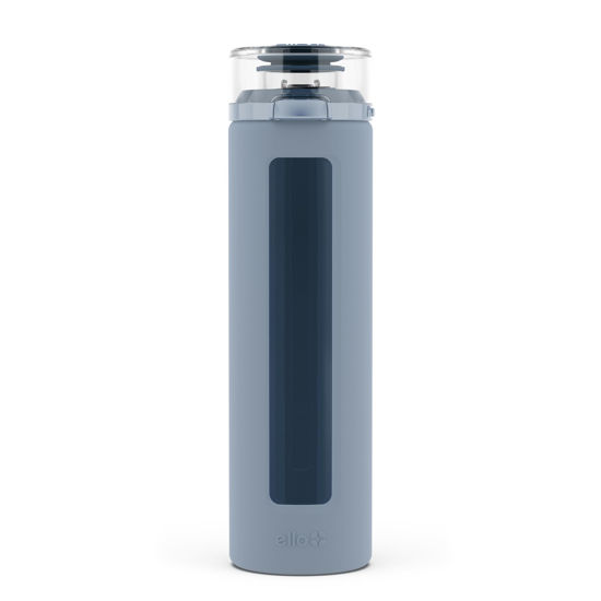 Picture of Ello Syndicate 20oz Reusable Glass Water Bottle with One-Touch Leak Proof Flip Lid, Protective Non-Slip Silicone Sleeve, Carry Loop for Coffee, Tea and Water, BPA-free, Dishwasher Safe, Tech Blue