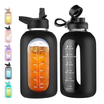Picture of CIVAGO 64 oz Glass Water Bottle Jug with Straw and Handle, Half Gallon Sports Motivational Water Bottle with Time Marker, Wide Mouth Water Flask Canteen with Silicone Sleeve for Gym, Black