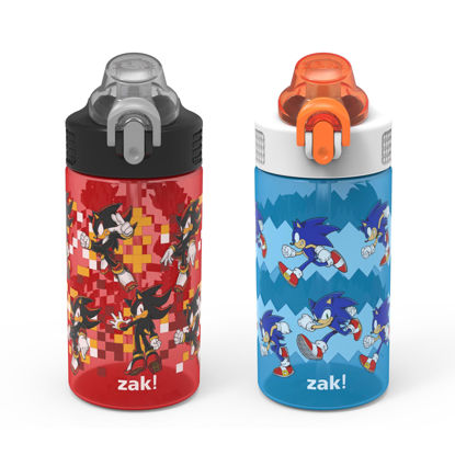 Picture of Zak Designs Sonic the Hedgehog Sage Kids Water Bottle For School or Travel, 16oz Durable Plastic Water Bottle With Straw, Handle, and Leak-Proof, Pop-Up Spout Cover, 2-Pack Set (Sonic & Shadow)