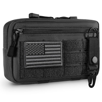 Picture of FRTKK Tactical Molle Admin Pouch Utility Laser Cut EDC Tool Pouch Bag Horizontal Modular Pouches Include US Flag Patch and Keychain (Black)