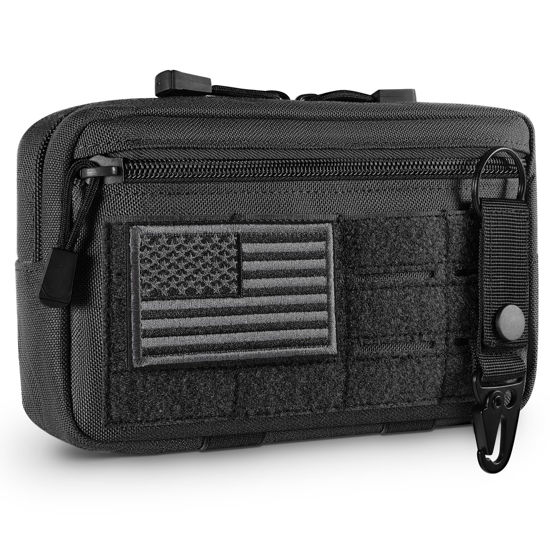 Picture of FRTKK Tactical Molle Admin Pouch Utility Laser Cut EDC Tool Pouch Bag Horizontal Modular Pouches Include US Flag Patch and Keychain (Black)