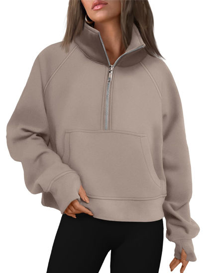 Picture of AUTOMET Womens Sweatshirts Half Zip Cropped Pullover Fleece Quarter Zipper Hoodies 2024 Fall Fashion Outfits Clothes Coffeegrey Medium