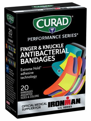 Picture of CURAD Performance Series IRONMAN Antibacterial Bandages, Extreme Hold Adhesive Technology, Finger & Knuckle Bandages, Flexible Fabric, Variety Pack with Assorted Sizes & Colors, 20 Count