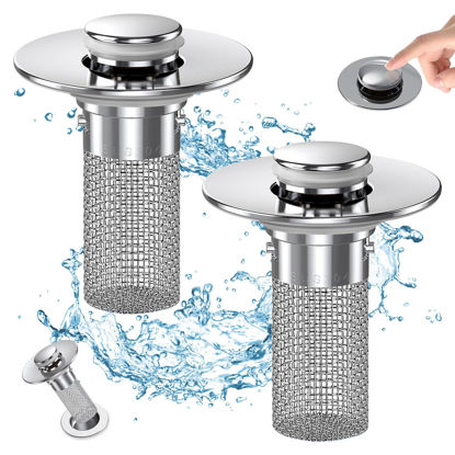 Picture of Bathroom Sink Drain Strainer, Pop Up Sink Drain Filter with Removable Stainless Steel Filter Basket Hair Catcher, Bathroom Sink Drain Stopper, for Us Bathroom Sink Stopper Replacement (2pcs)