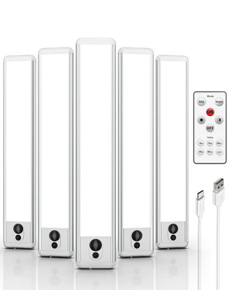 Picture of EZVALO Under Cabinet Lights, LED Closet Lights Wireless USB Charging, Motion Sensor Lighting Indoor 5700K Dimmable with Remote Control (White) 5 Pack