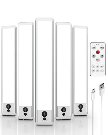Picture of EZVALO Under Cabinet Lights, LED Closet Lights Wireless USB Charging, Motion Sensor Lighting Indoor 5700K Dimmable with Remote Control (White) 5 Pack