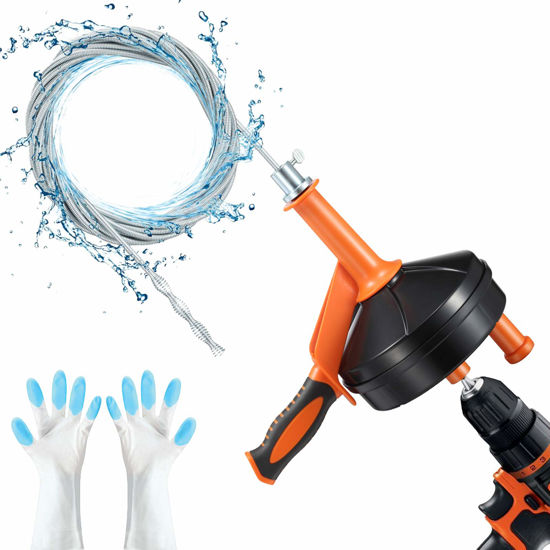 Picture of Drain Auger, Breezz Clog Remover with Drill Adapter, 25 Feet Flexible Plumbing Snake Use Manually or Powered for Kitchen,Bathrom and Shower Sink, Comes with Gloves(Orange)