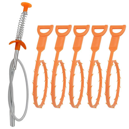 Picture of Amazon Basics Drain Clog Remover Tool, Includes 5 Plastic and 1 Stainless Drain Snakes, Effectively Clean Hair and Other Clog for Toilet, Kitchen Sink, Bathroom Tub, 6 Pack