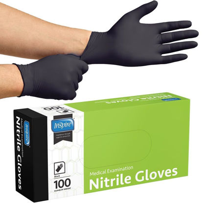 Picture of Inspire Black Nitrile Disposable Gloves | 4.5 Nitrile Disposable Safety Medical Cooking Cleaning Disposable Black Gloves|Large, 100 Count