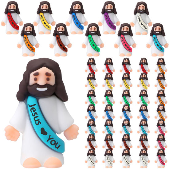 Picture of Bememo 50 Pcs Mini Jesus Figures Easter Jesus Loves You Jesus Toys Little Jesus Figures to Hide and Seek Sunday School Religious Party Favors Gift for Easter Egg Stuffers (Multicolor)