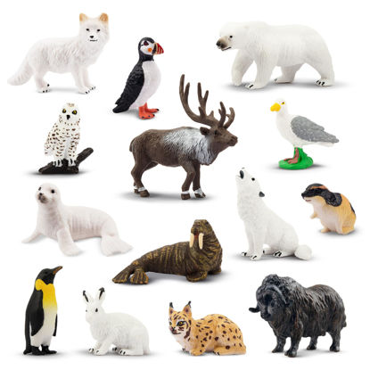 Picture of Toymany 14PCS Mini Arctic Animals Figurines Set, Polar Animals Toys with Polar Bear, Caribou, Penguin, Walrus, Wolf Figurines Cake Toppers Birthday Easter Gifts for Preschool Kids