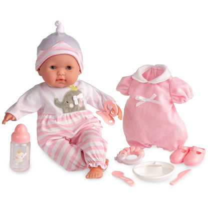Picture of 15" Realistic Soft Body Baby Doll with Open/Close Eyes | JC Toys - Berenguer Boutique | 10 Piece Gift Set with Bottle, Rattle, Pacifier & Accessories | Pink | Ages 2+
