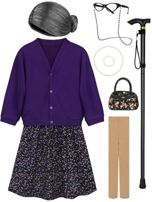 Picture of Gnodio Old Lady Costume for Kids 100 Days of School Costume for Girls 100th Day of School Granny Old Lady Dress Up Accessory Purple 5-7X