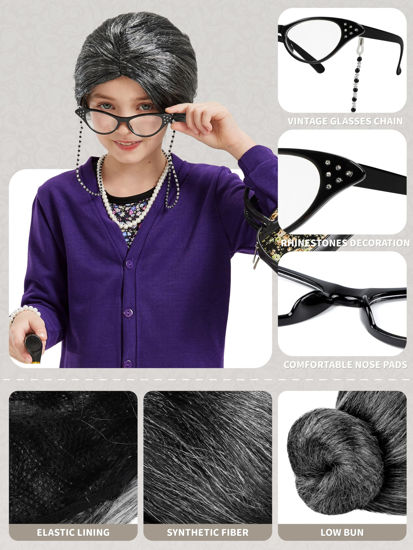 Kids Old Lady Costume Set - 100th Day Of School Granny Dress Up With Wig, Cane & Accessories - View #8