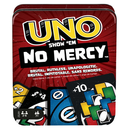 Picture of Mattel Games UNO Show ‘em No Mercy Card Game in Storage & Travel Tin for Kids, Adults & Family Night with Extra Cards, Special Rules & Tougher Penalties (Amazon Exclusive)