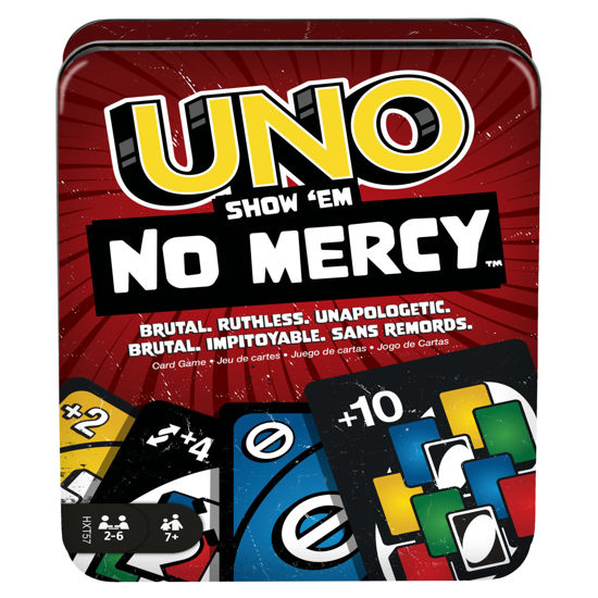 Picture of Mattel Games UNO Show ‘em No Mercy Card Game in Storage & Travel Tin for Kids, Adults & Family Night with Extra Cards, Special Rules & Tougher Penalties (Amazon Exclusive)