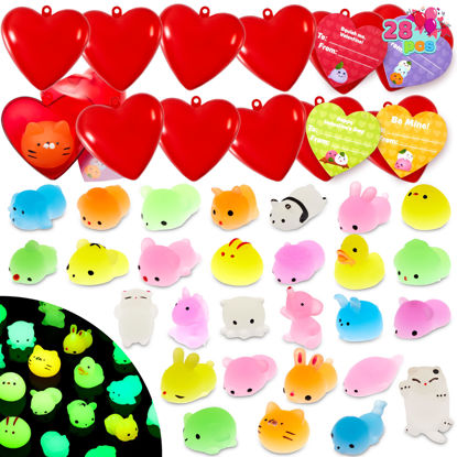 Picture of JOYIN 28 Packs Valentine Party Favor Set with 28 Glow In The Dark Mochi squishy toy Filled Hearts and Heart Cards, Kawaii Stress Relief Toys for Kids Valentine Celebration and Classroom Exchange