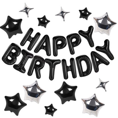 Picture of CANREVEL Happy Birthday Banner 13pcs 16 Inch Mylar Foil Letters with 12pcs Star Balloons Birthday Party Decorations for Kids and Adults - 3D Black