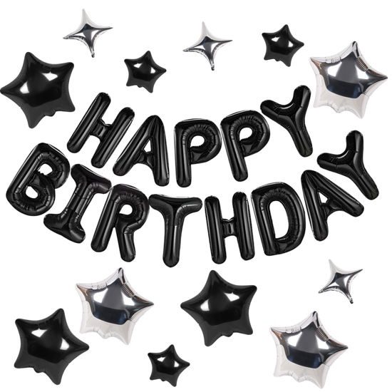 Picture of CANREVEL Happy Birthday Banner 13pcs 16 Inch Mylar Foil Letters with 12pcs Star Balloons Birthday Party Decorations for Kids and Adults - 3D Black