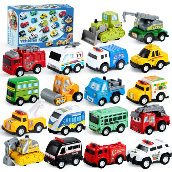Picture of JOYIN 18 Pcs Pull Back City Cars and Trucks Toy Vehicles Set, Friction Powered Cars Toys for Toddlers, Boys, Girls’ Educational Play, Goodie Bags Stuffers