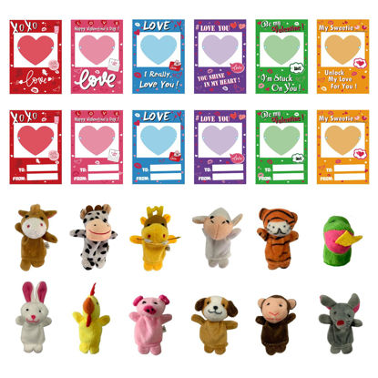 Picture of JIALWEN 12 Pack Valentines Day Cards for Kids with Animal Finger Puppet for Kids Valentine Theme Gifts Greeting Cards School Classroom Exchange Prizes Party Favors for Boys & Girls