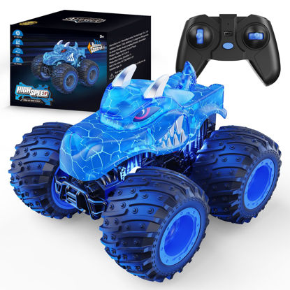 Picture of AUUGUU Remote Control Car, 2.4GHz Monster Trucks Toys with Light Spray, Brithday Gift for Kids 3 4 5 6 7 8, All Terrain RC Cars, Toddler Toys for Boys Girls 3+ Year Old