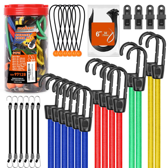 Picture of HORUSDY 31-Piece Premium Bungee Cords Assortment Jar, Includes 10”,18”,24”,32”,40” Bungee Cords, 6“ Zip Ties, 8”Canopy/Tarp Ball Ties and Crocodile Mouth Tarp Clips