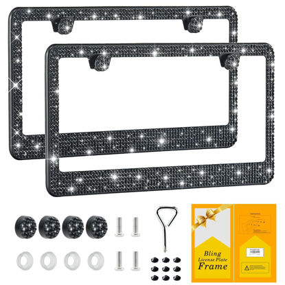 Picture of FIISFIIS Bling License Plate Frame for Women,2 Pack Premium Stainless Steel Rhinestone License Plate Holder,Handmade Glitter Crystal Diamond Girl Lincense Plate Tag Cover,Bedazzled Sparkly-Black