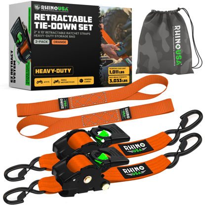 Picture of Rhino USA Retractable Ratchet Straps (2-Pack) - 2 Inch x 10 Feet (3,033lb Break Strength) - Heavy Duty Auto Self Retracting Tie Down Straps for Truck, Cargo Trailer, Motorcycle, Rad & More - Orange