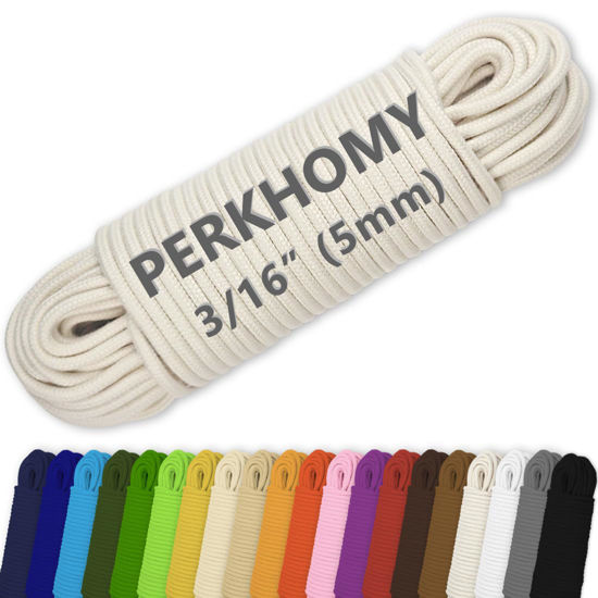 Picture of PerkHomy Cotton Rope 3/16" (5mm) 100 ft Multi Purpose Utility Diamond Braided Cord, Natural Cotton for Clothes Line Camping Crafting Flag Pole, Natural White