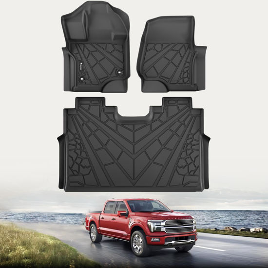 Picture of KARPAL Floor Mats Fit 2015-2025 Ford F150 SuperCrew (Includes 22-25 Lightning) w/Out Fold Flat Storage, Custom Fit TPE All Weather F150 Accessories 1st&2nd Car Mats (3 PCS)