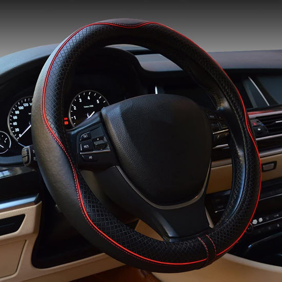 Picture of Car Steering Wheel Cover, Anti-Slip, Safety, Soft, Breathable, Heavy Duty, Thick, Full Surround, Sports Style (Black with Red line)