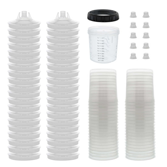 Picture of Master Paint System MPS Disposable Paint Spray Gun Cup Liners and Lid System, 40 Pack Standard Size 20 Ounce (600ml) Kit - 40 Cup Liners, 40 Lids with Strainer, 1 Hard Cup with Retainer Ring 10 Plugs