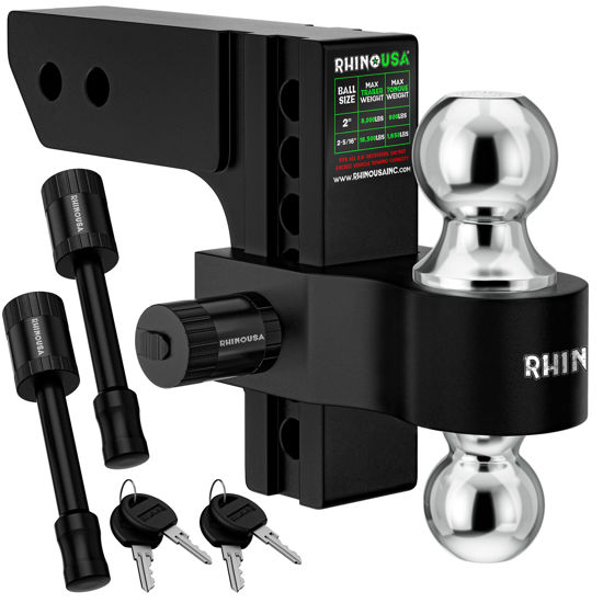 Picture of Rhino USA Adjustable Trailer Hitch (Fits 2-Inch Receiver) - Heavy Duty Aluminum Tow Hitches with 6-Inch Drop/Rise for Truck (12,500 LBS GTW) - Weatherproof Double Anti-Theft Locking Hitch Pins (Black)