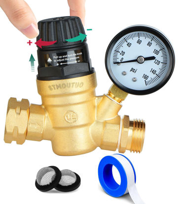 Picture of STMOUTUO RV Water Pressure Regulator for RV Camper. Brass Lead-Free Adjustable Camper Water Pressure Regulator with 0-160 PSI Gauge ，Reducer Valve W Filter，Package includes 1 raw tape for water pipes.