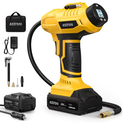 Picture of AstroAI Cordless Tire Inflator Air Compressor 20V Rechargeable Battery Powered 160PSI Portable Air Pump with 12V Car Power Adapter Digital Pressure Gauge for Cars Motorcycles JY16P160-18（C2）Yellow