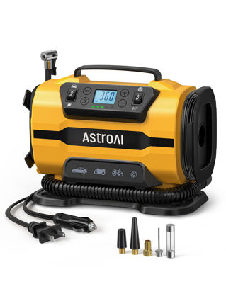 Picture of AstroAI Tire Inflator Portable Air Compressor Pump 150PSI 12V DC/110V AC with Dual Metal Motors &LED Light， Automotive Car Accessories&Two mode for car, bicycle tires and air mattresses, Yellow