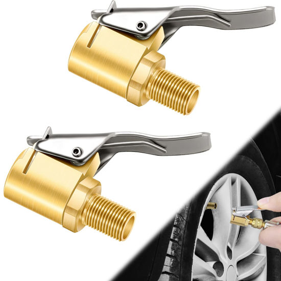 Picture of 2 Pcs Brass Locking Tire Air Chuck, Tire Inflator Hose Adapter for Twist On Connection Convert to Lock On, No Air Leakage Air Compressor Pump Clip On Tire Chucks, Tire Nozzle with Tire Valve Thread