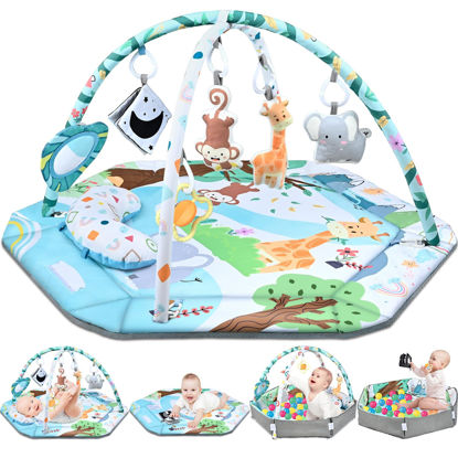 Picture of Baby Gym Play Mat, 8-in-1 Tummy Time Mat & Ball Pit with 6 Toys, Washable Baby Activity Play Mat for Visual, Hearing, Sensory, Motor Development, Baby Toys Gift for Toddler Infant 0-3-6-9-12 Months