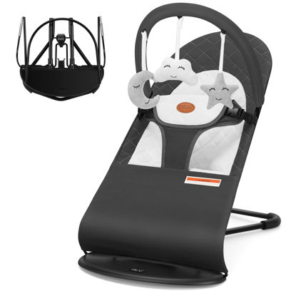Picture of HKAI Baby Bouncer, Portable Baby Bouncer Seat for Babies 0-18 Months, 100% Cotton Fabrics, 3 Modes of use with Rocker and Stationary Options, Infant Rocker Chair with Hanging Toys-Dark Grey