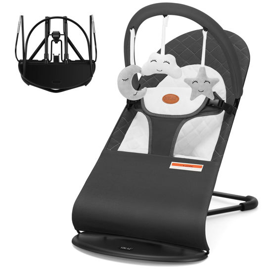 Picture of HKAI Baby Bouncer, Portable Baby Bouncer Seat for Babies 0-18 Months, 100% Cotton Fabrics, 3 Modes of use with Rocker and Stationary Options, Infant Rocker Chair with Hanging Toys-Dark Grey